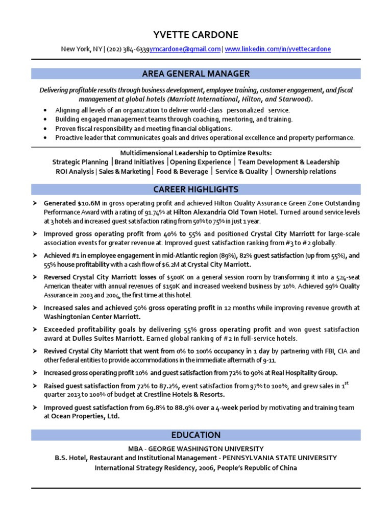 Sample Resume for Guest Services at Hilton or Mariot General Manager In New York City Resume Yvette Cardone Pdf …