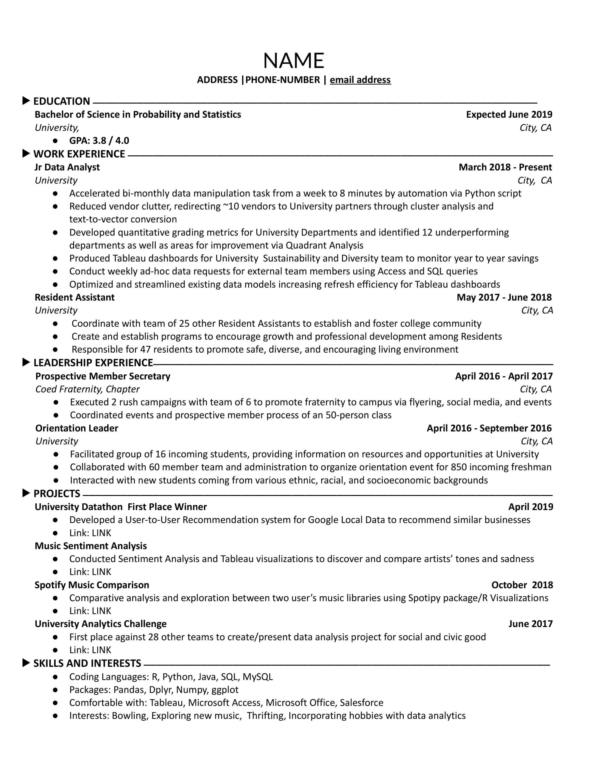 Sample Resume for Junior Data Analyst Data Analyst Resume : R/resumes