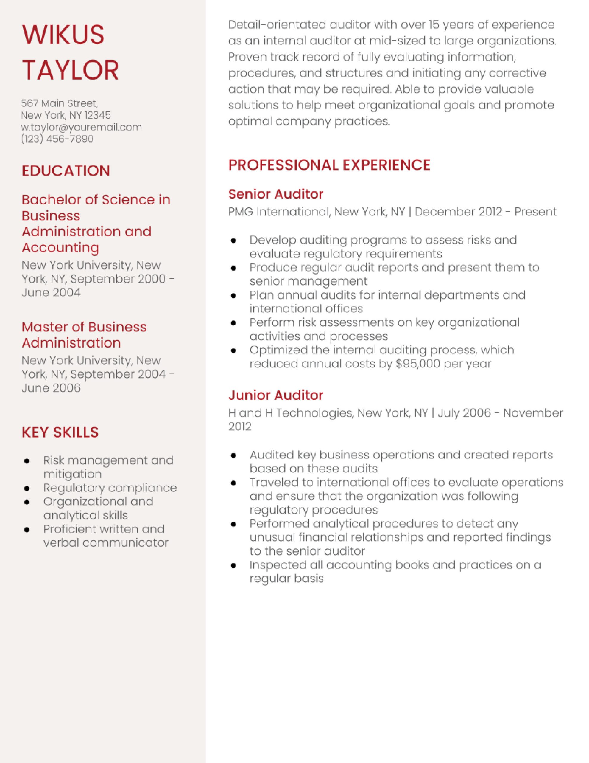 Sample Resume for Junior Internal Auditor Auditor Resume Examples In 2022 – Resumebuilder.com