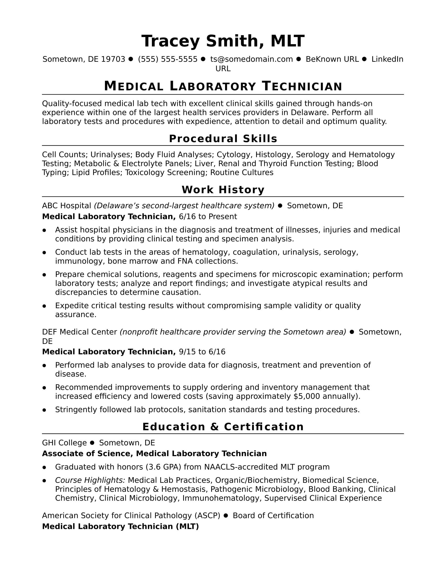 Sample Resume for New Medical Lab Technician Sample Lab Technician Resume Monster.com
