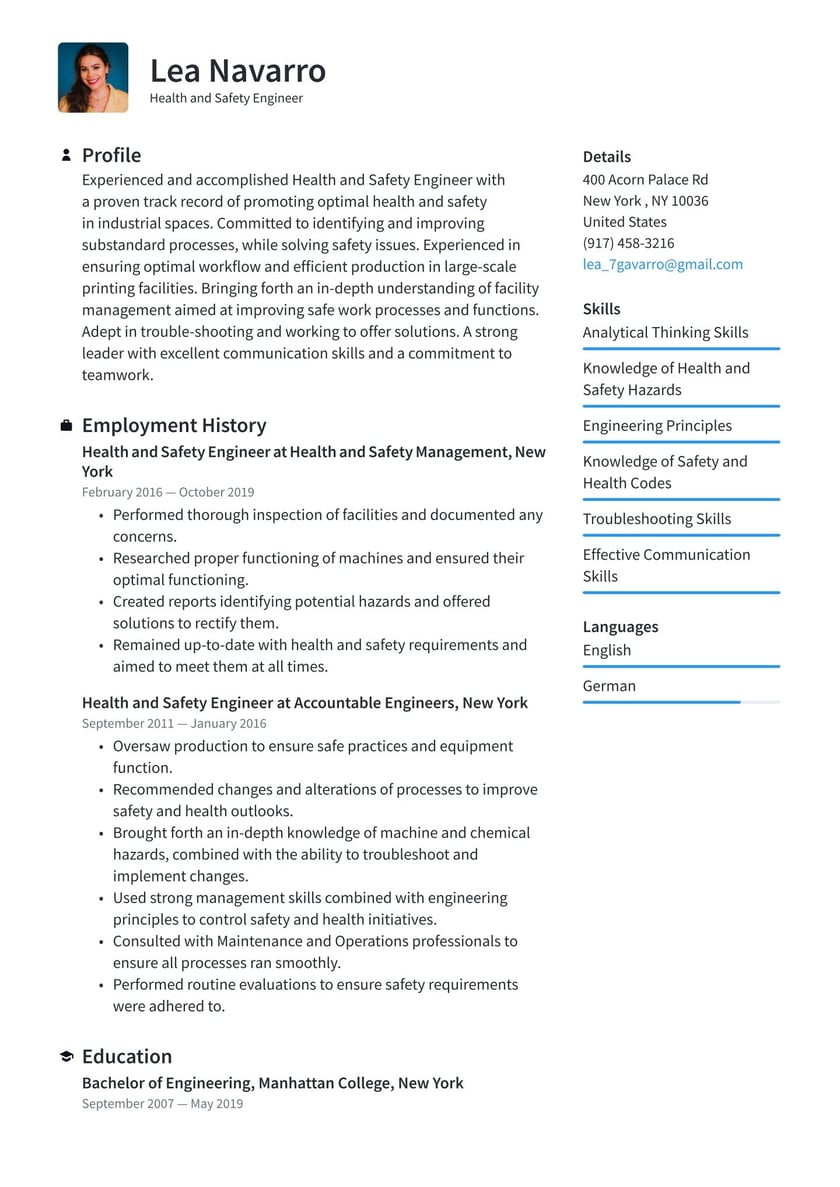 Sample Resume for New Occupational Health and Safety Health and Safety Engineer Resume Example & Writing Guide Â· Resume.io
