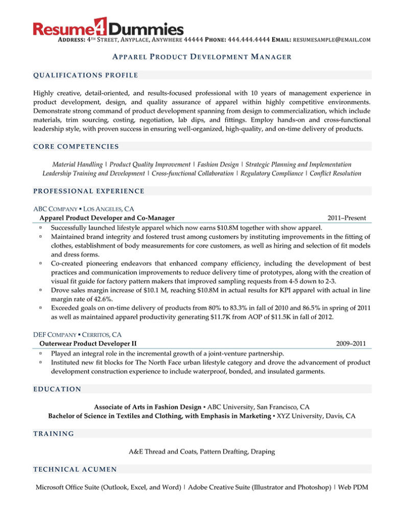 Sample Resume for New Product Development Apparel Product Development Manager Resume Example Resume4dummies
