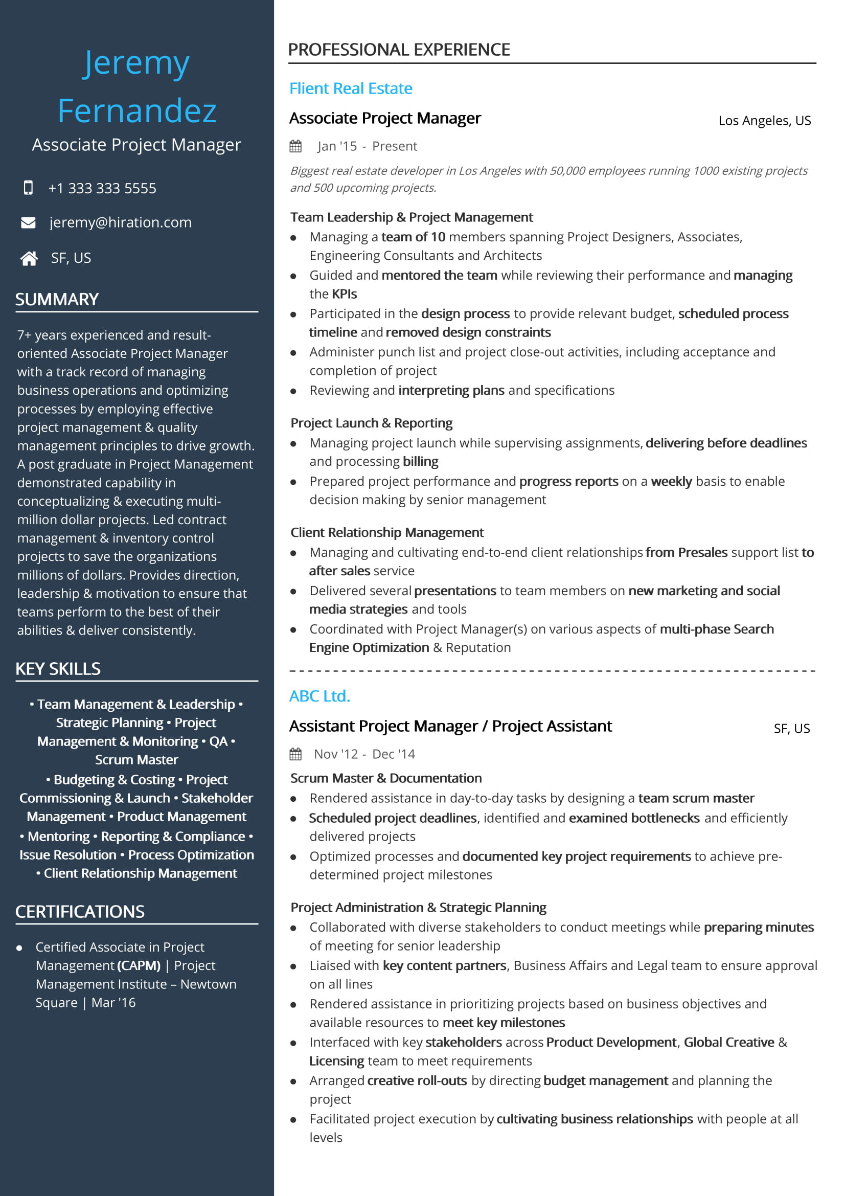 Sample Resume for Project Manager assistant Free associate Project Manager Resume Sample 2020 by Hiration
