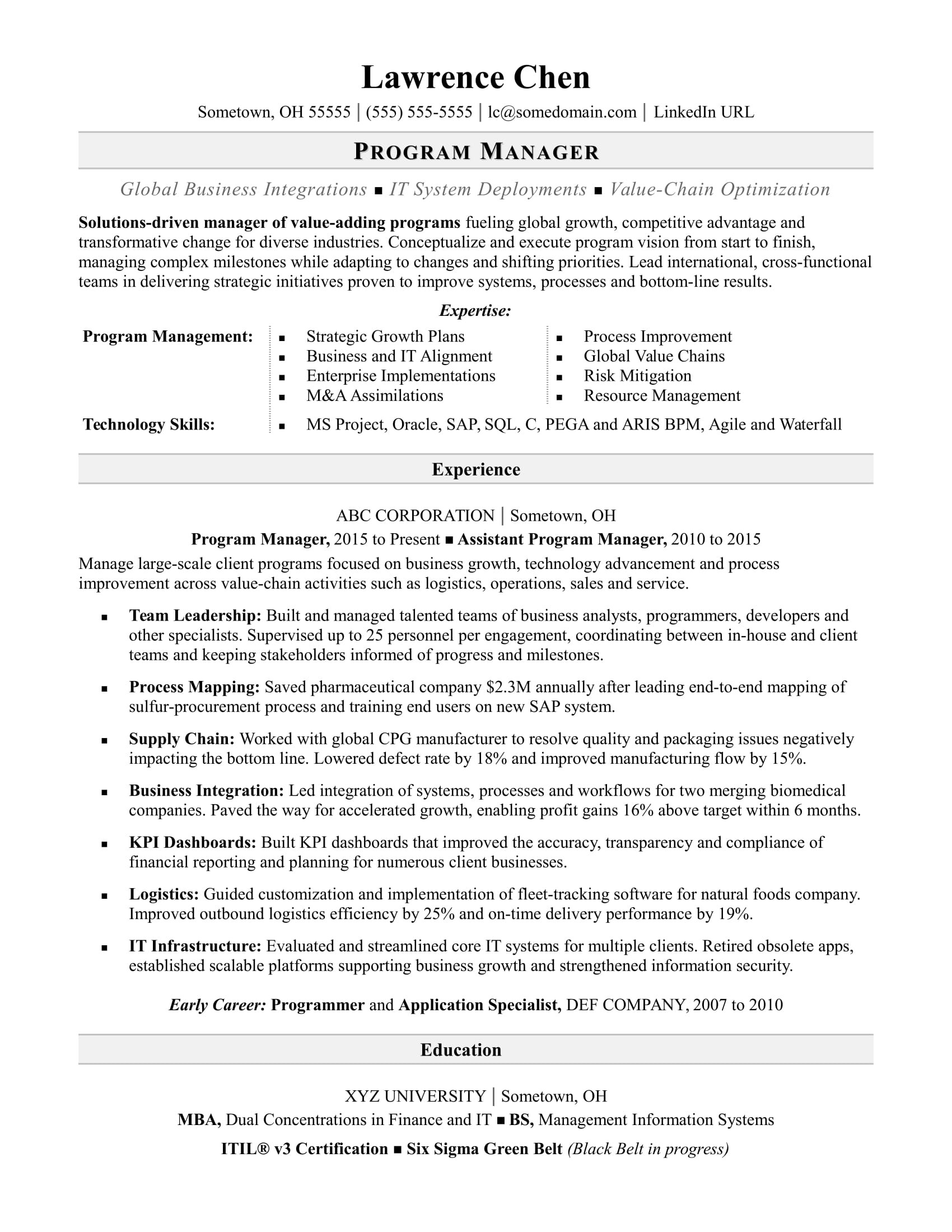 Sample Resume for Project Manager Non It Program Manager Resume Monster.com