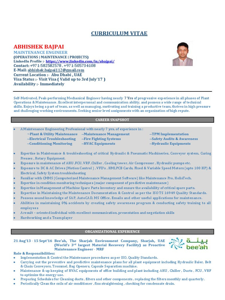 Sample Resume for Utility and Maintenance Engineer Cv Maintenance Engineer Pdf Machines Air Conditioning