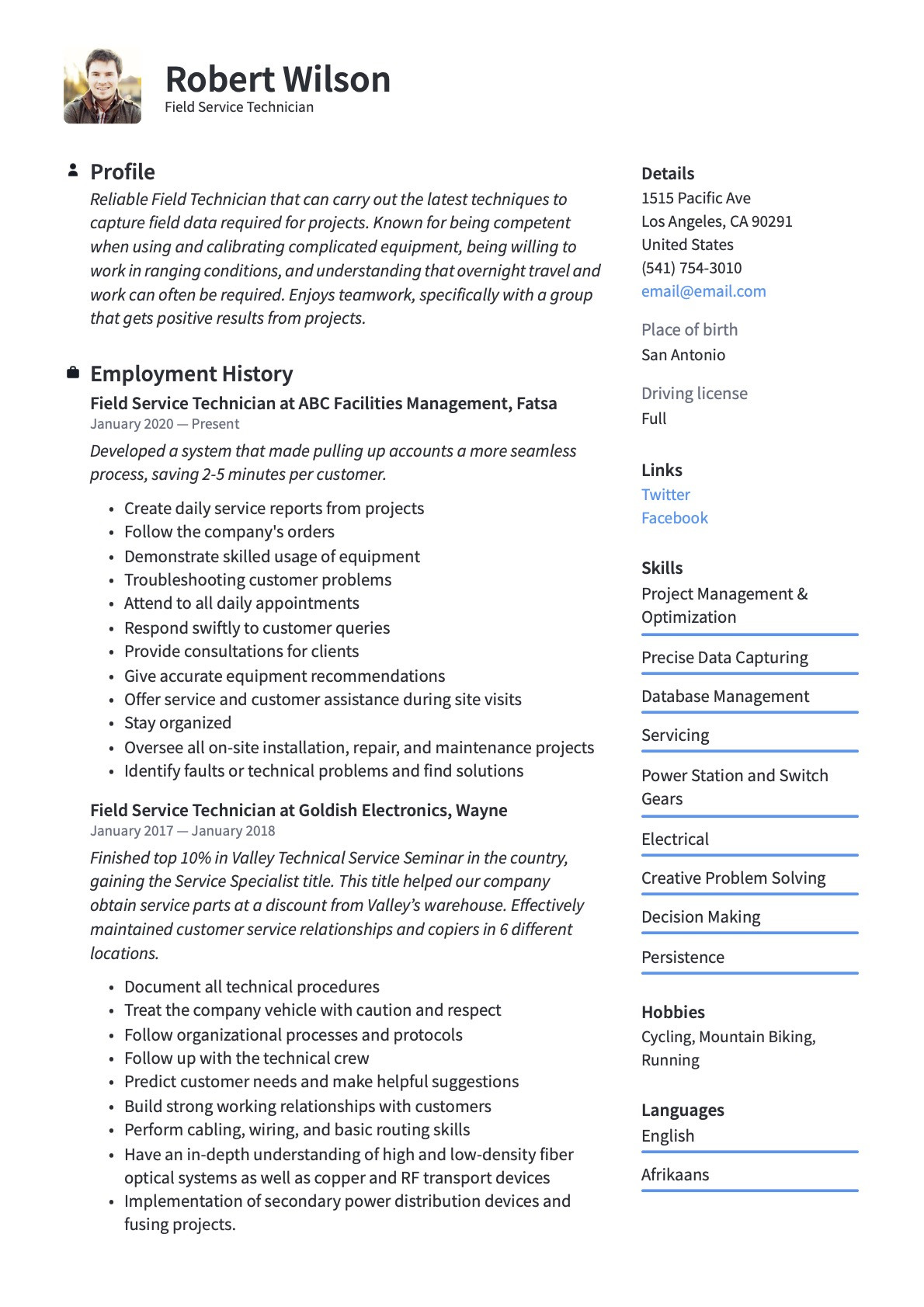 Sample Resume for Utility and Maintenance Engineer Field Service Technician Resume & Guide  20 Examples 2022