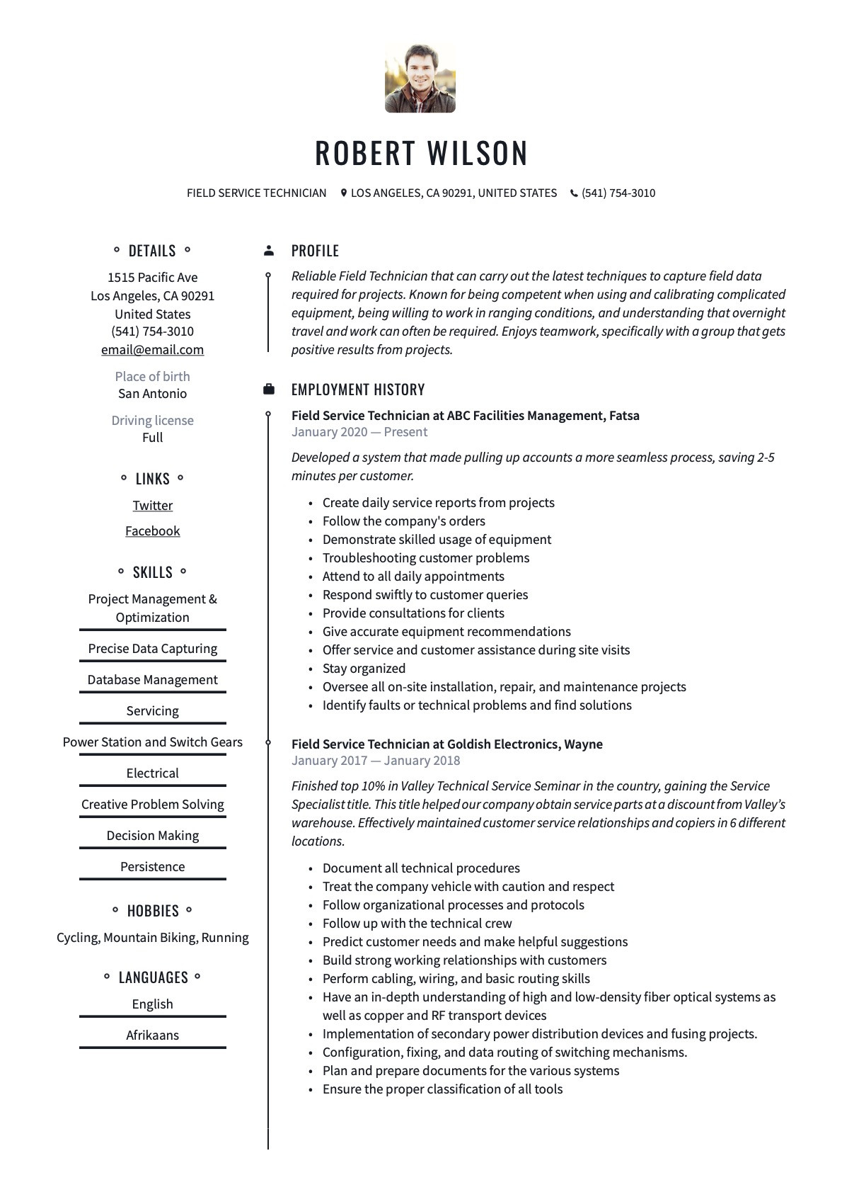 Sample Resume for Utility and Maintenance Engineer Field Service Technician Resume & Guide  20 Examples 2022
