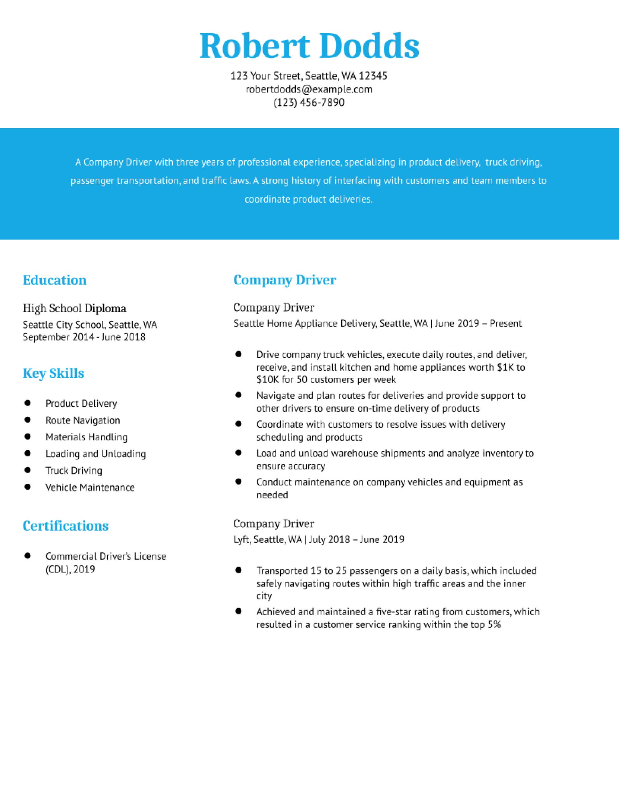 Sample Resume for Van Driver for Retirement Community Company Driver Resume Examples In 2022 – Resumebuilder.com