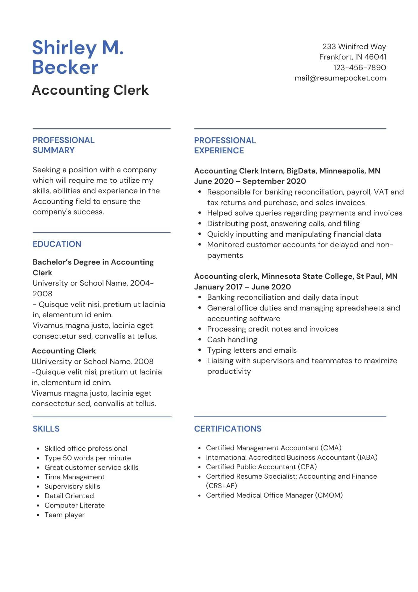 Sample Resume Objectives for Accounting Clerk Accounting Clerk Resume Sample and Template – Resumepocket