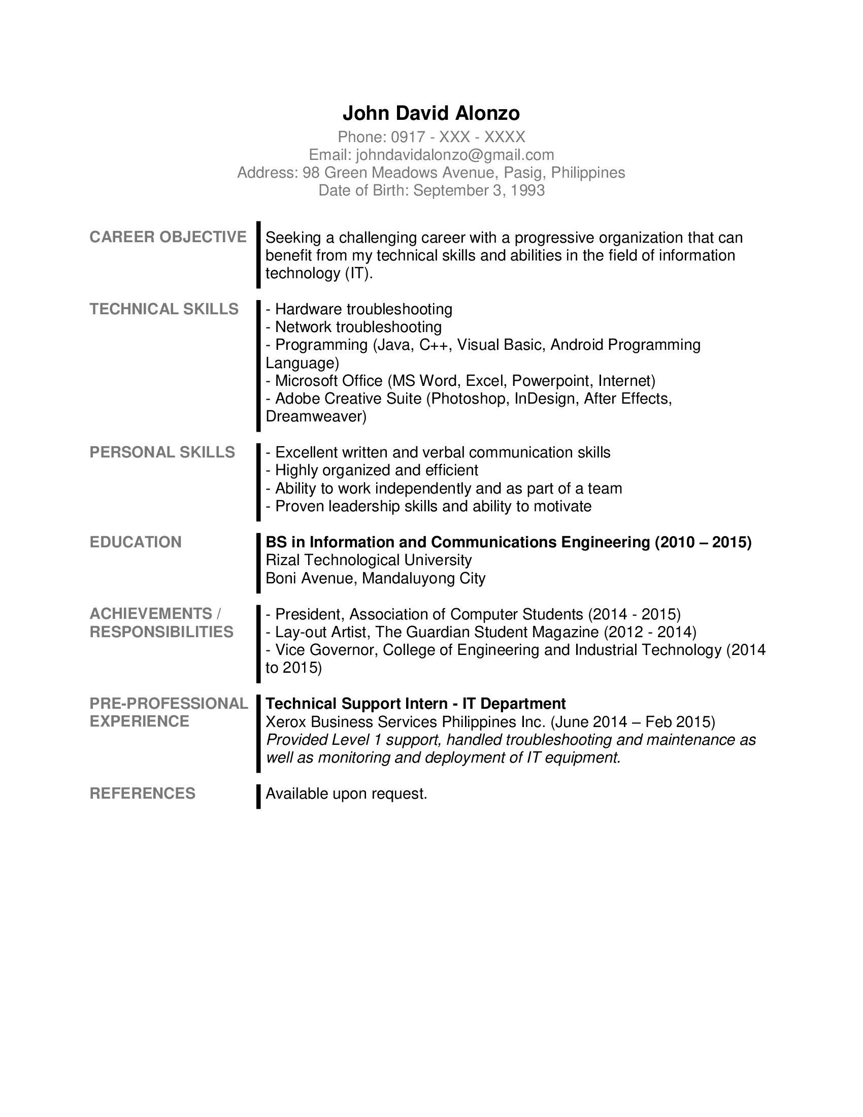 Sample Resume Objectives for College Graduates Sample Resume formats for Fresh Graduates