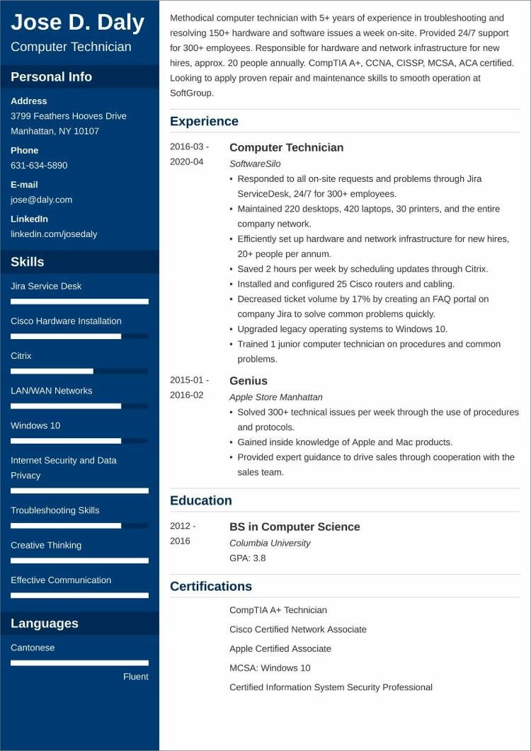 Sample Resume Objectives for Computer Technology Computer Technician Resumeâsample and 25lancarrezekiq Writing Tips