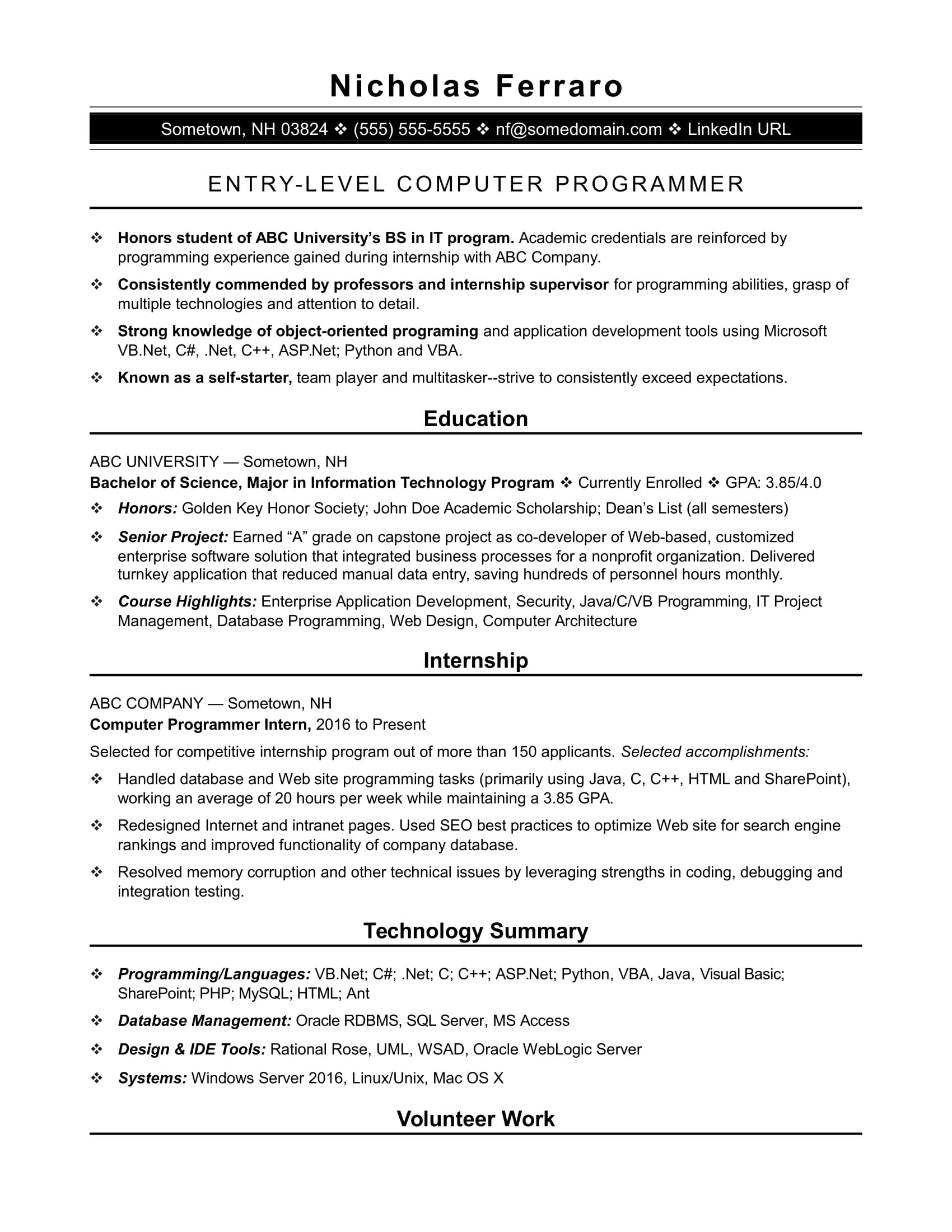 Sample Resume Objectives for Computer Technology Entry-level Programmer Resume Monster.com