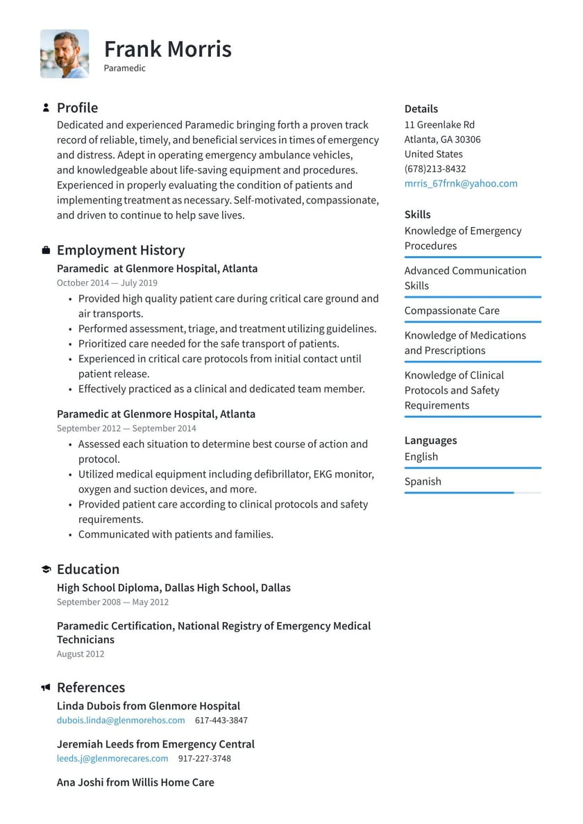 Sample Resume Of Health Technician Ekg Paramedic Resume Example & Writing Guide Â· Resume.io