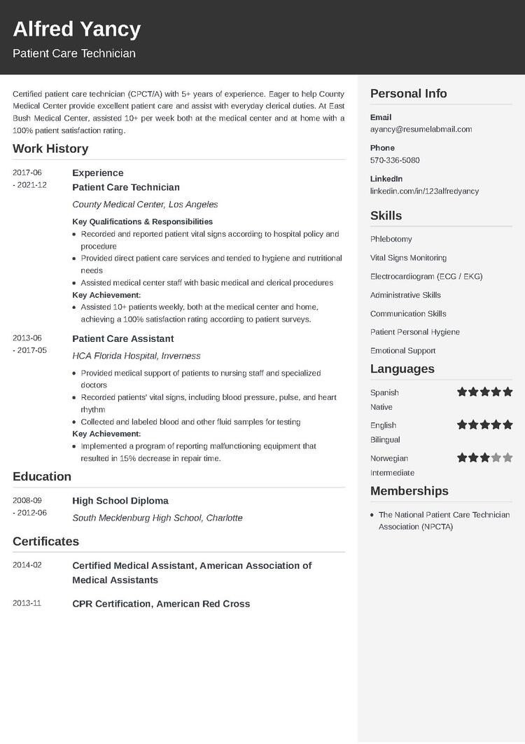 Sample Resume Of Health Technician Phlebotomy and Ekg Patient Care Technician / Pct Resumeâsample & Writing Tips