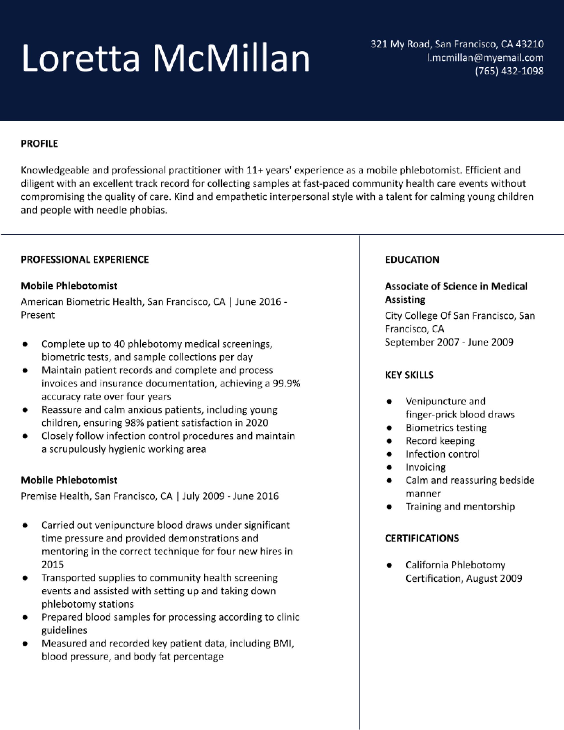 Sample Resume Of Health Technician Phlebotomy Phlebotomist Resume Examples In 2022 – Resumebuilder.com