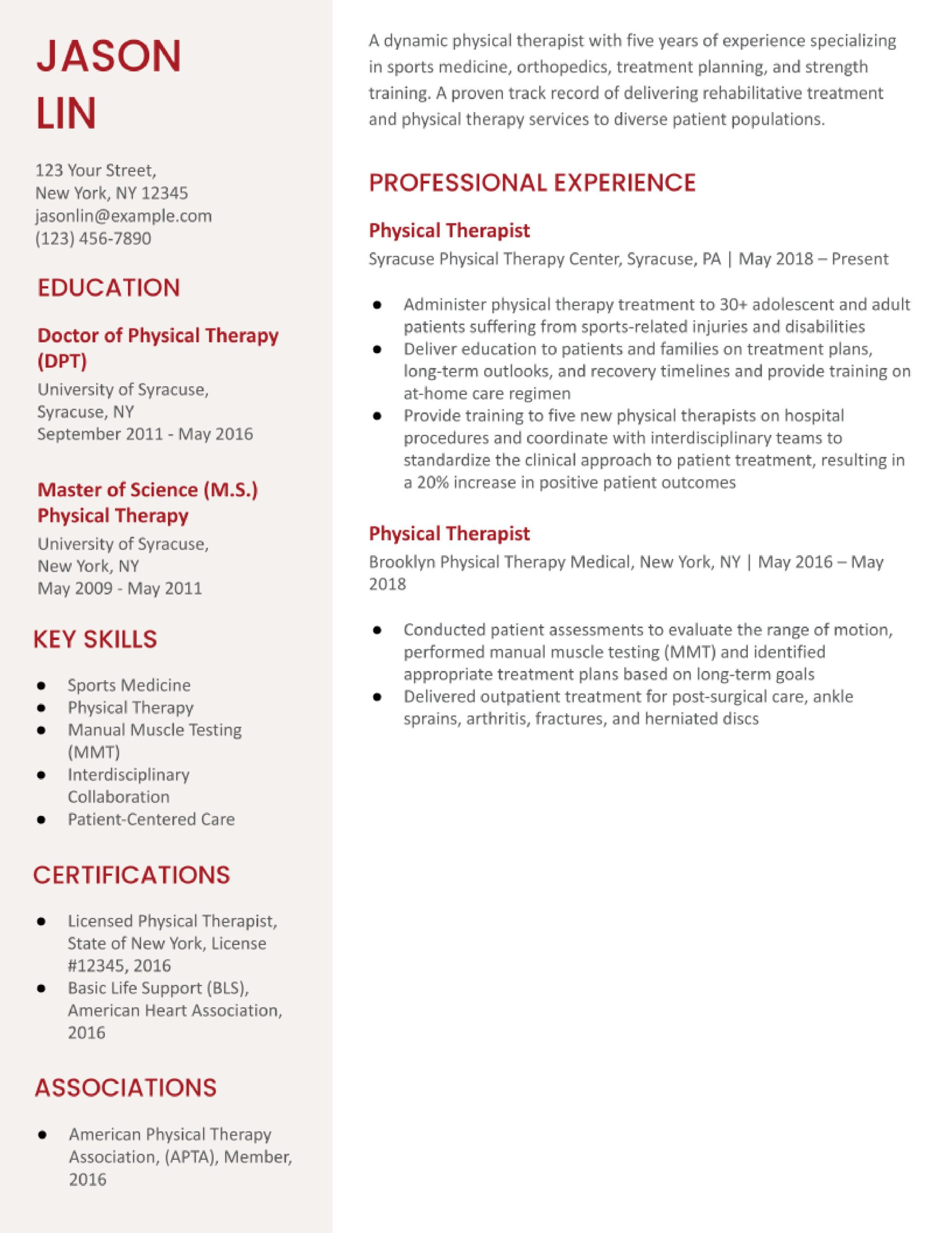 Sample Resume School Based Physical therapist assistant Physical therapist Resume Examples In 2022 – Resumebuilder.com