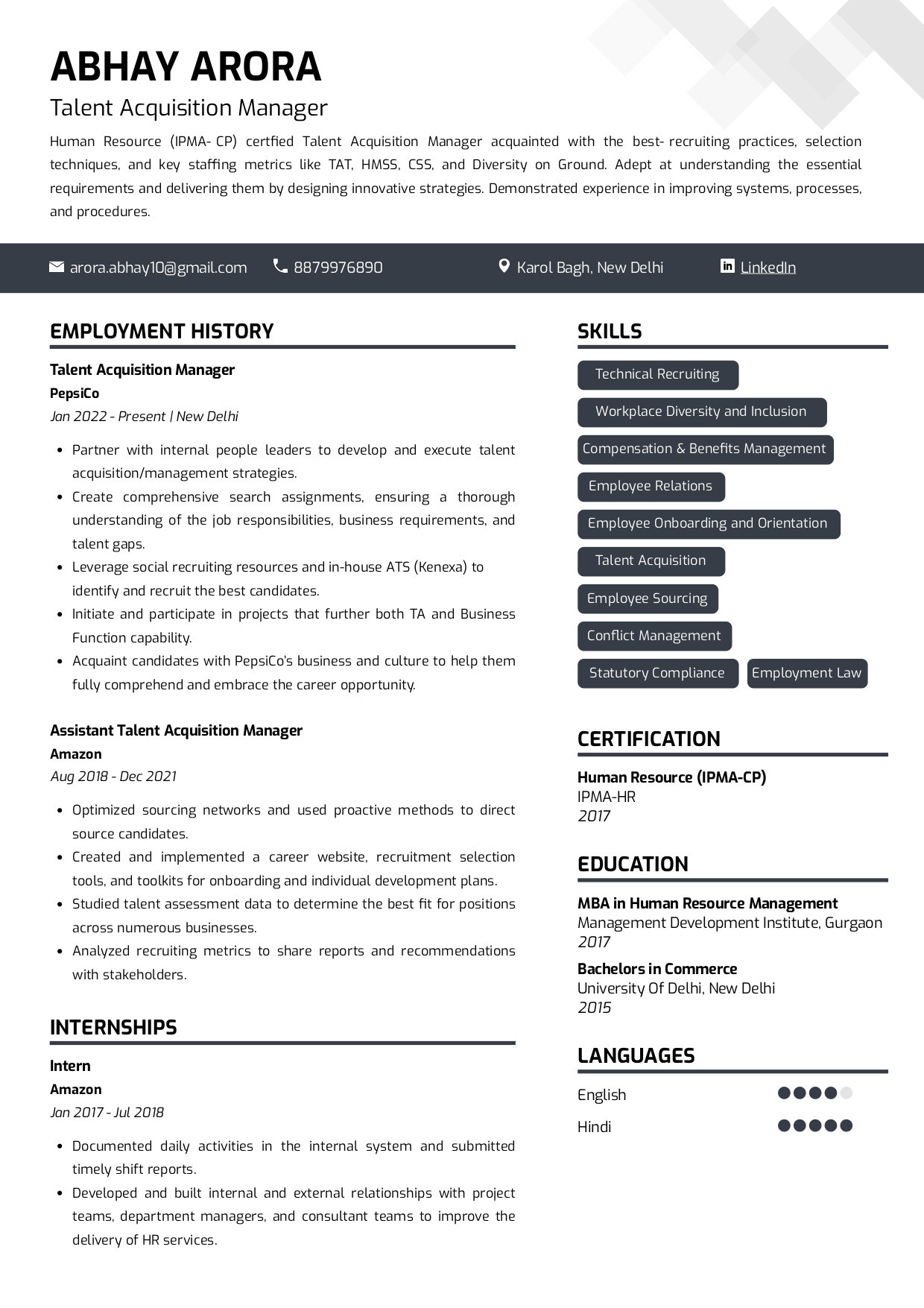 Samples Of Hr Internship Resume In India Sample Resume Of Hr Intern with Template & Writing Guide Resumod.co