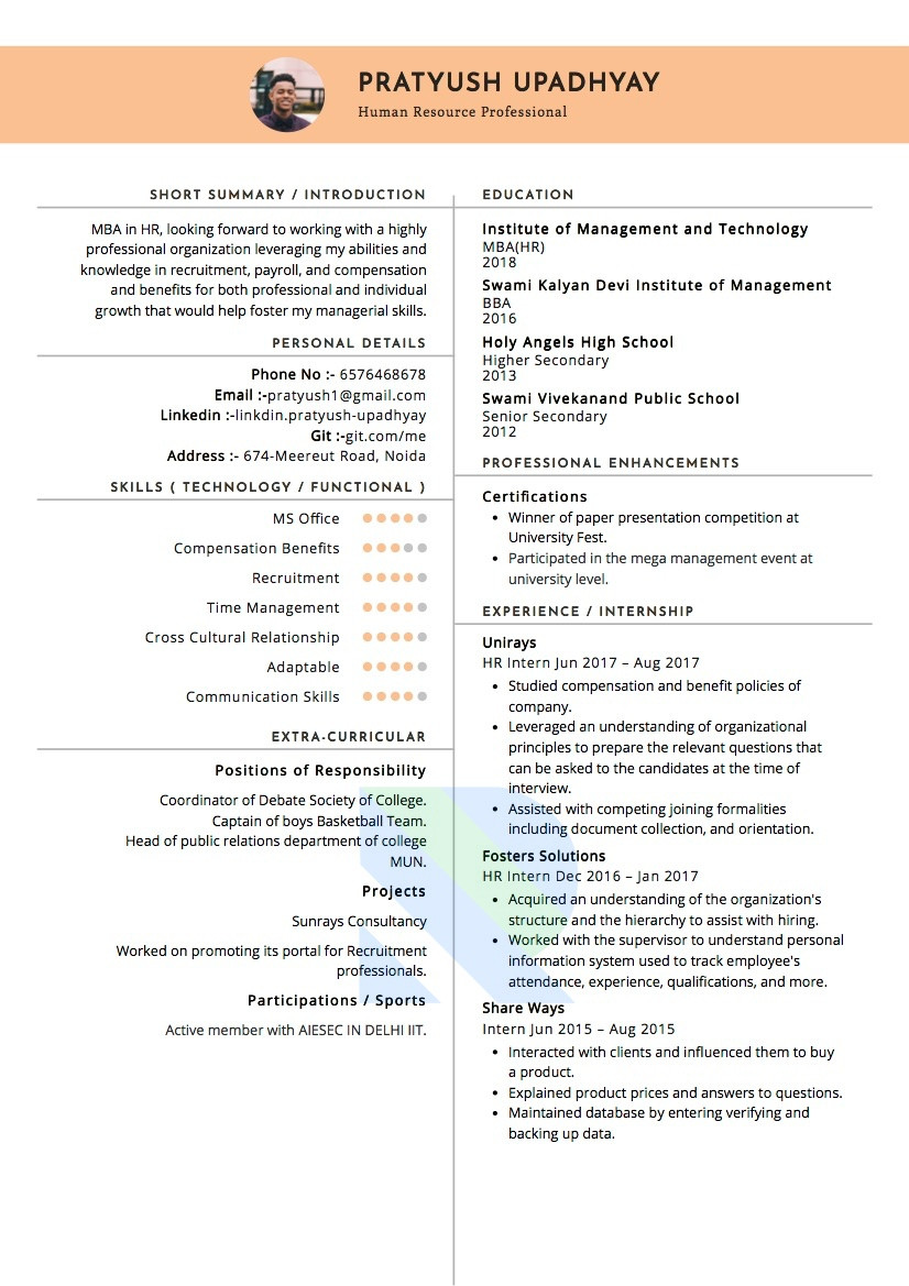 Samples Of Hr Internship Resume In India Sample Resume Of Hr Intern with Template & Writing Guide Resumod.co