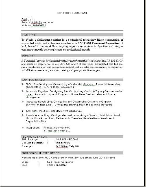 Sap Bi Resume Sample for Fresher Sap Fico Consultant Resume Download