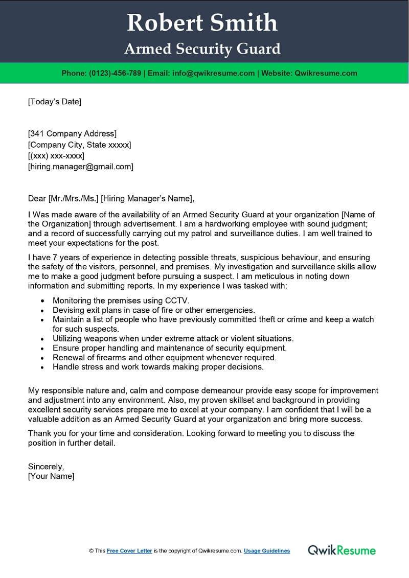Security Officer Resume Cover Letter Sample Armed Security Guard Cover Letter Examples – Qwikresume