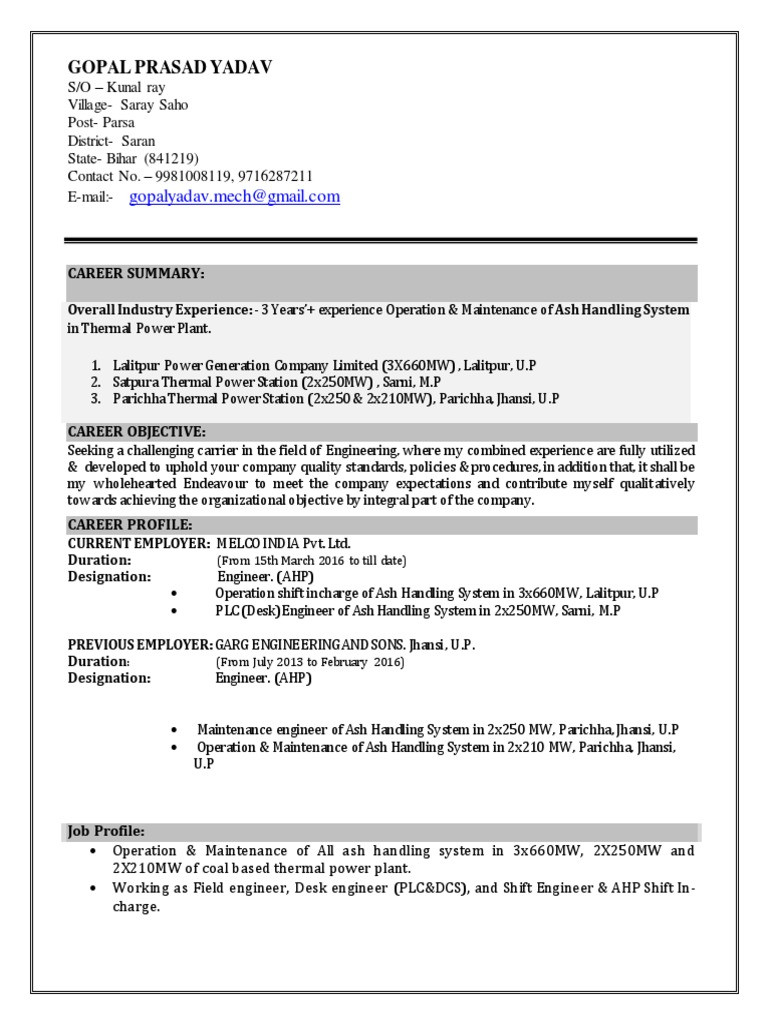 Thermal Power Plant Electrical Engineer Resume Sample Resume 2 Pdf Nature