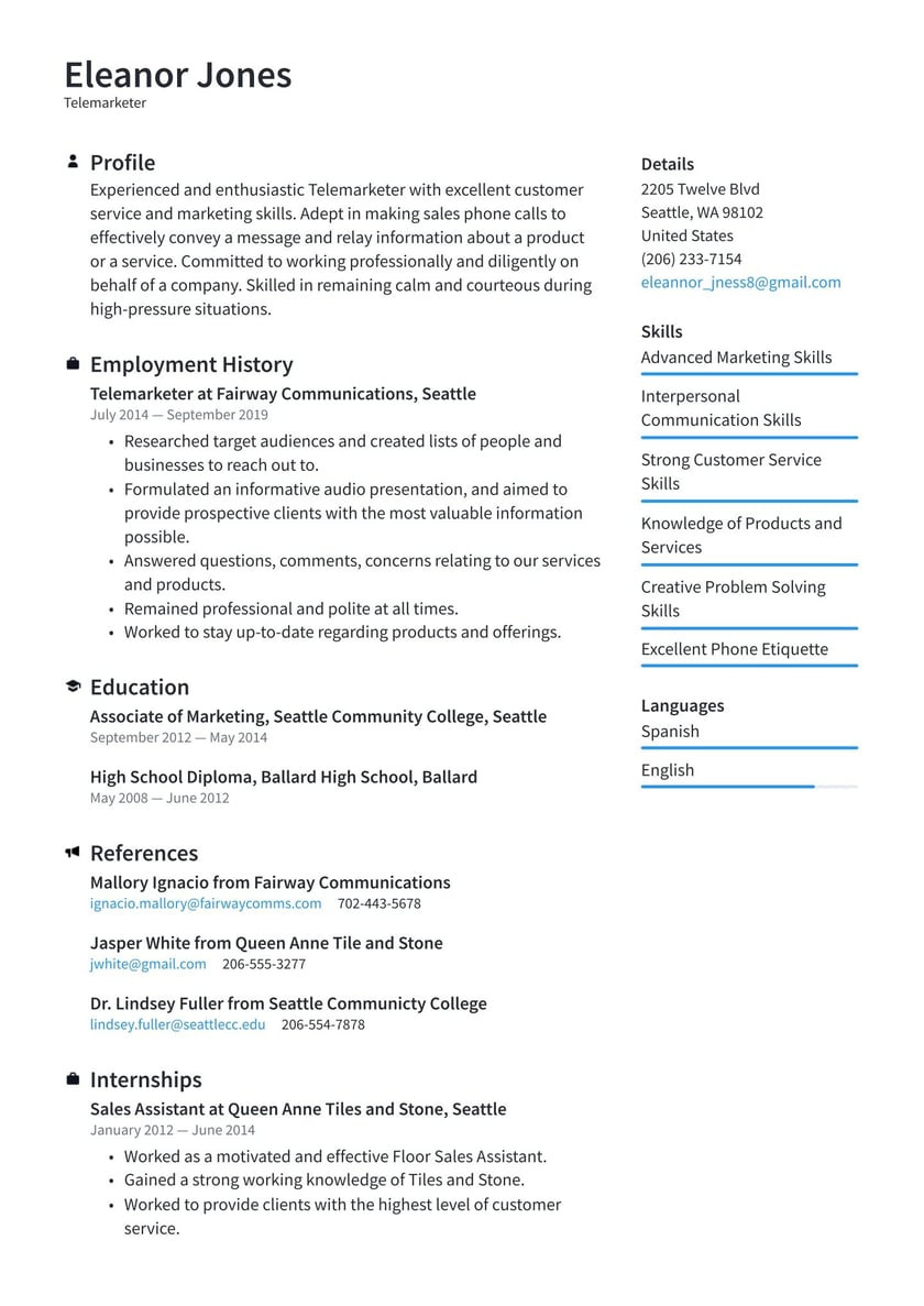 Ticket Sales Cold Calling Resume Samples Telemarketer Resume Example & Writing Guide Â· Resume.io