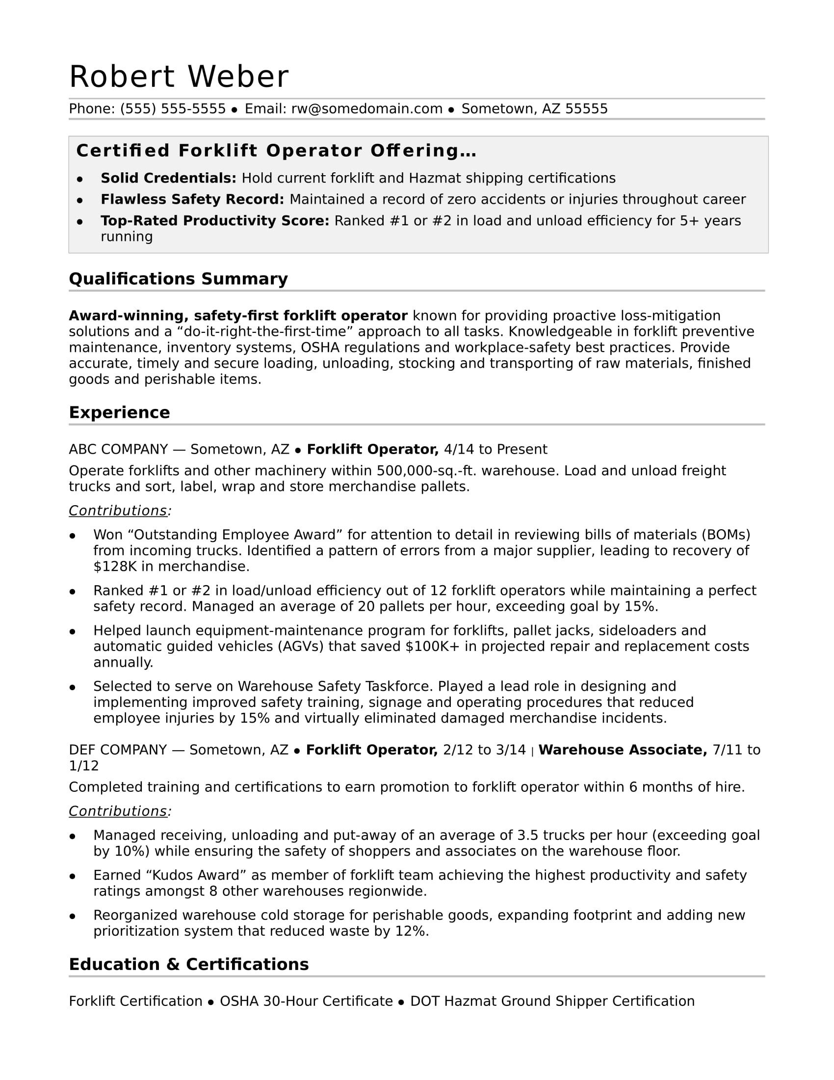 Warehouse Jobs forklift Driver Resume Sample forklift Operator Resume Monster.com