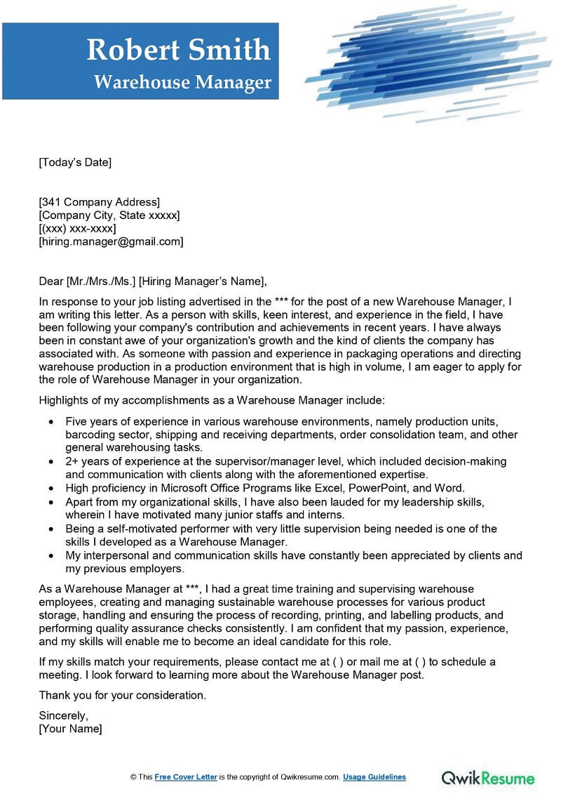 Warehouse Manager Resume Cover Letter Samples Warehouse Manager Cover Letter Examples – Qwikresume