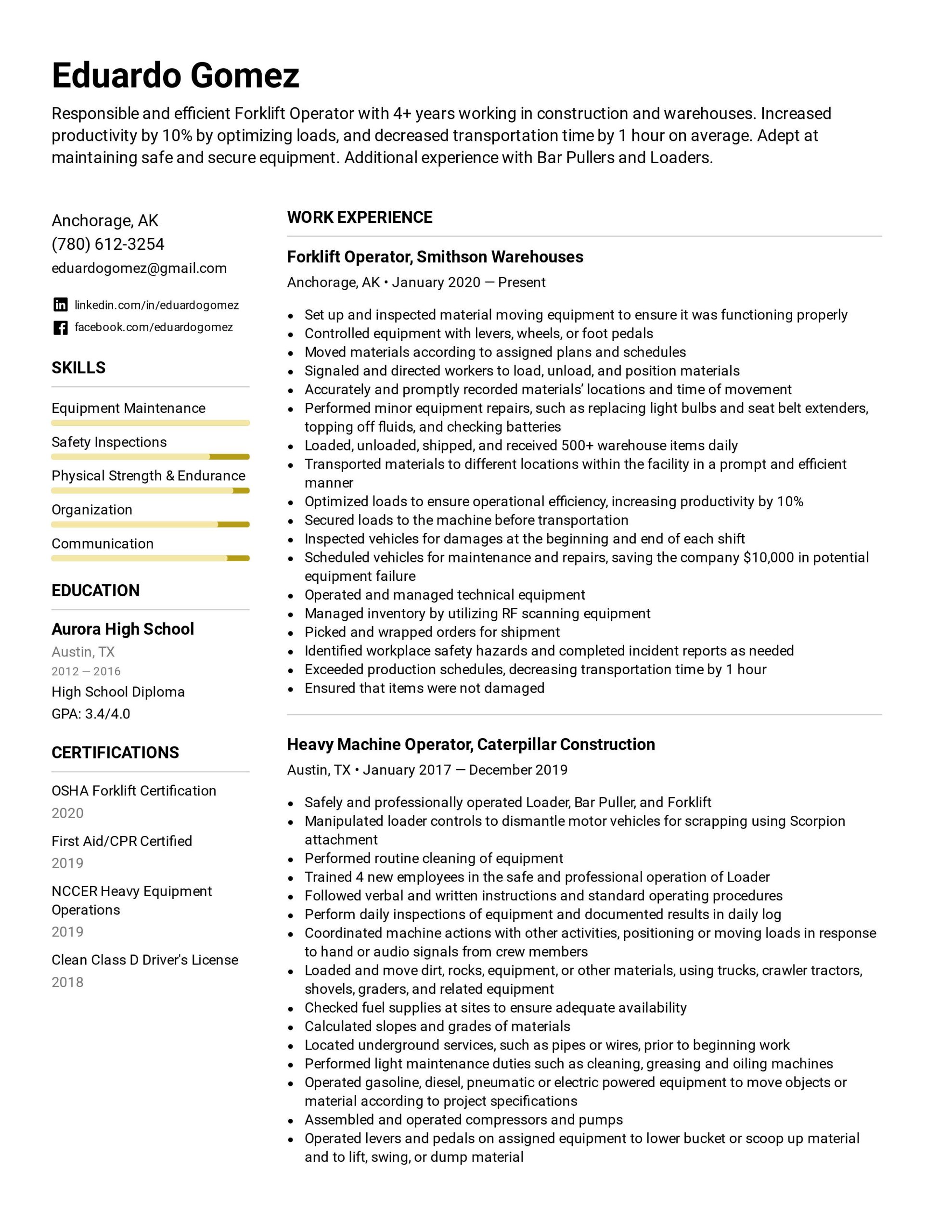 Warehouse Postion On forklift On Resume Samples forklift Operator Resume Example & Writing Tips for 2022