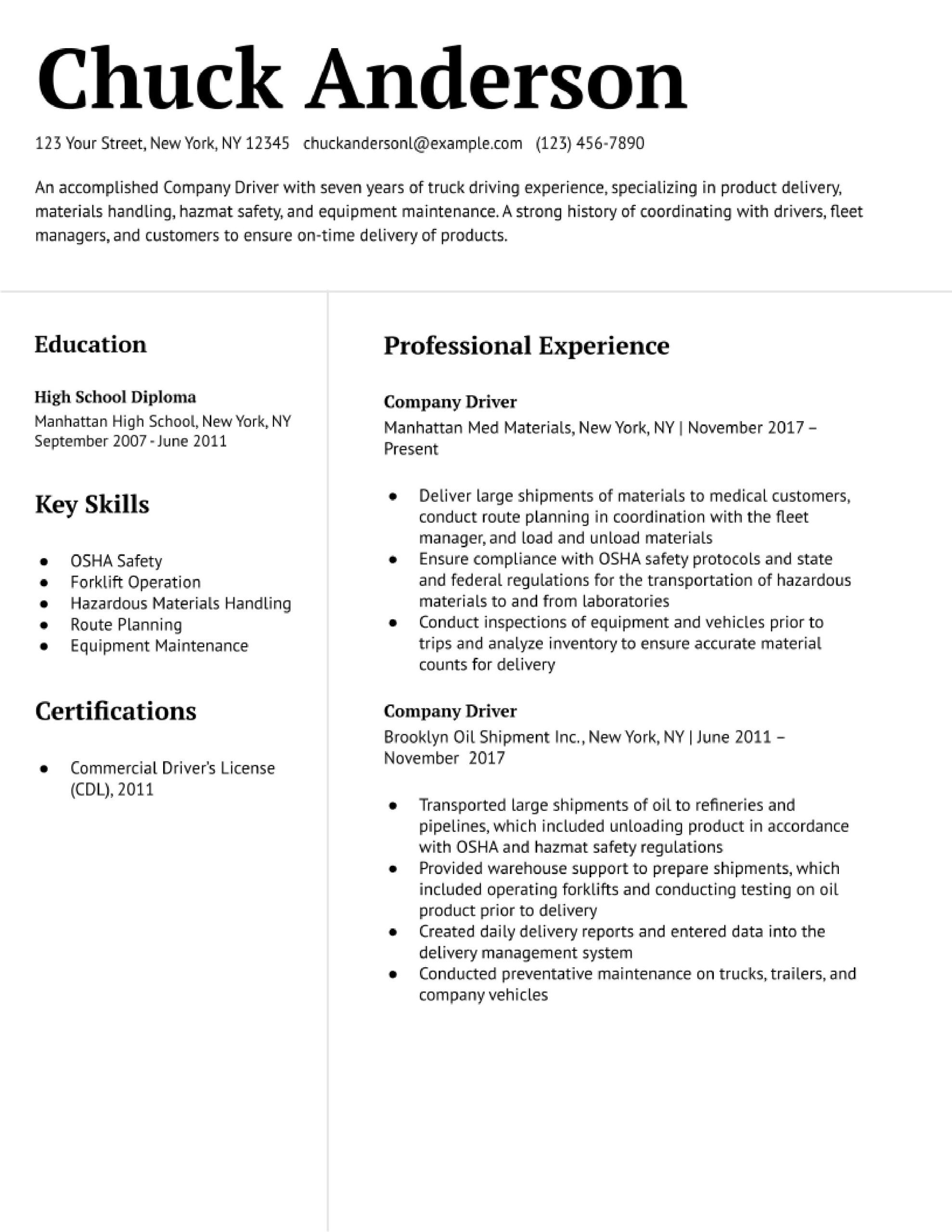 4 Star Rating Uber Driver Resume Sample Company Driver Resume Examples In 2022 – Resumebuilder.com