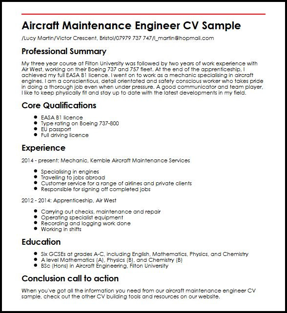 Aircraft Maintenance Engineer Apprentice Resume Sample Aircraft Maintenance Engineer Cv Sample Myperfectcv