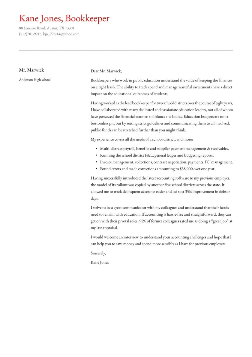 Anderson School Of Management Resume Cover Letter Sample Bookkeeper Cover Letter Examples & Expert Tips [free] Â· Resume.io