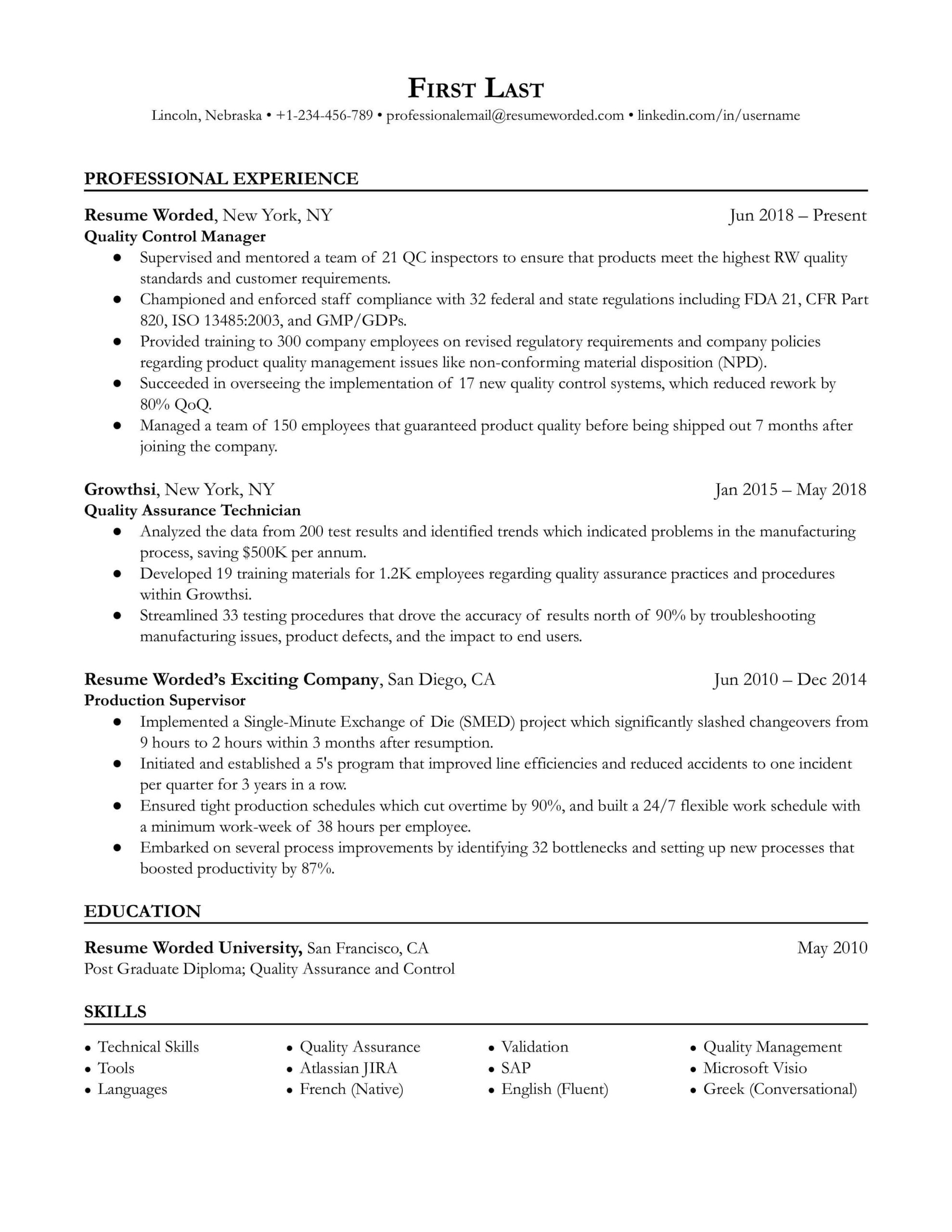 Bay area Quality assurance Resume Samples Quality Control Manager Resume Example for 2022 Resume Worded