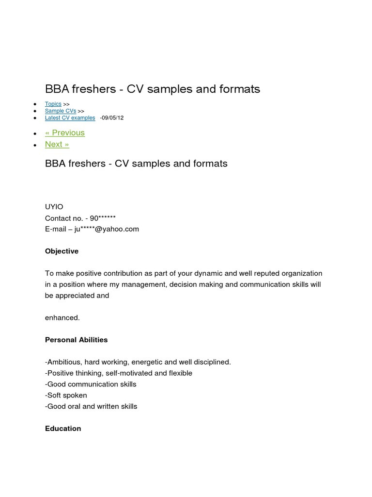Bba Resume Cv Sample for Freshers Cv for Bba Freshers Pdf Master Of Business Administration …