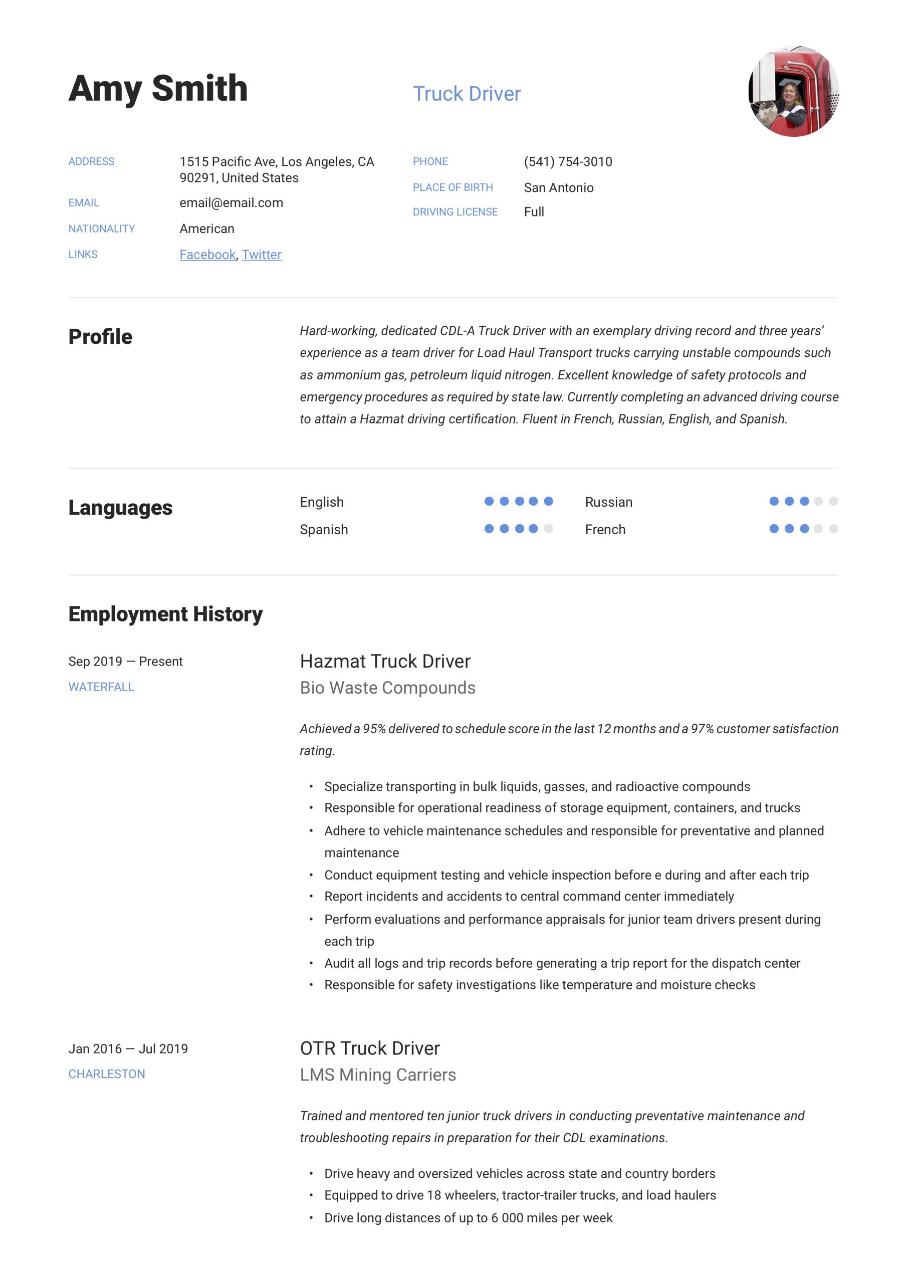 Class 1 Truck Driver Resume Sample Truck Driver Resume & Writing Guide  12 Resume Examples 2019