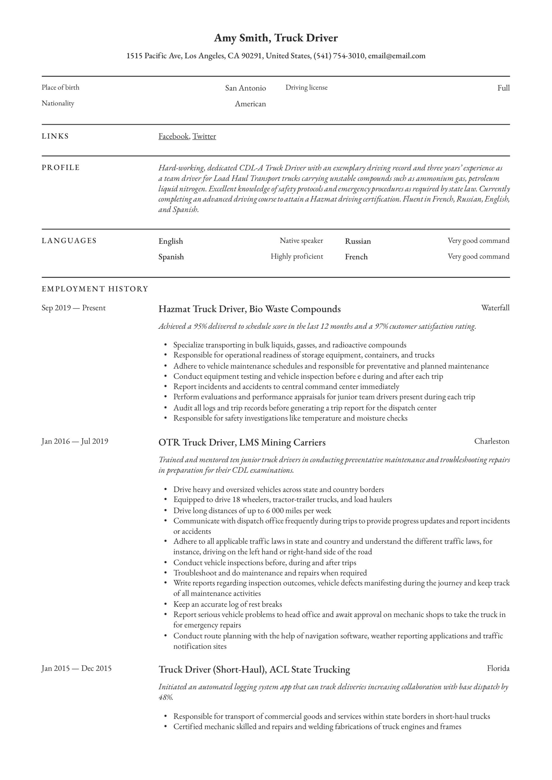Class B Truck Driver Resume Sample Truck Driver Resume & Writing Guide  12 Resume Examples 2019