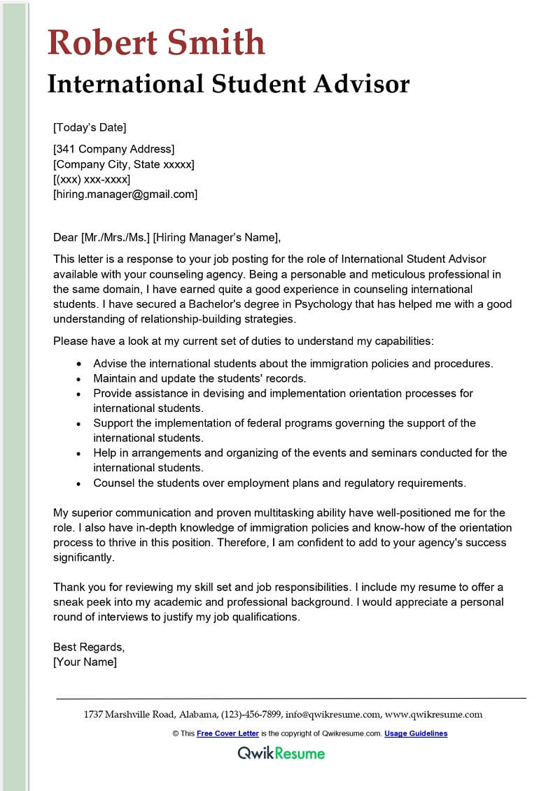 Cover Letter Sample for Resume Student International Student Advisor Cover Letter Examples – Qwikresume