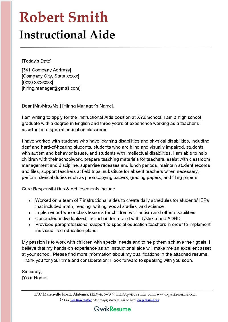 Cover Letter Sample for School Aide Resume Instructional Aide Cover Letter Examples – Qwikresume
