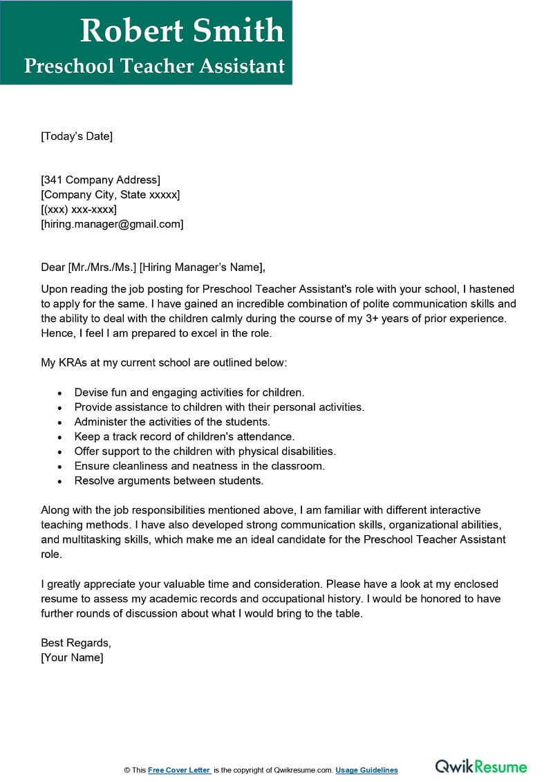 Cover Letter Sample for School Aide Resume Preschool Teacher assistant Cover Letter Examples – Qwikresume