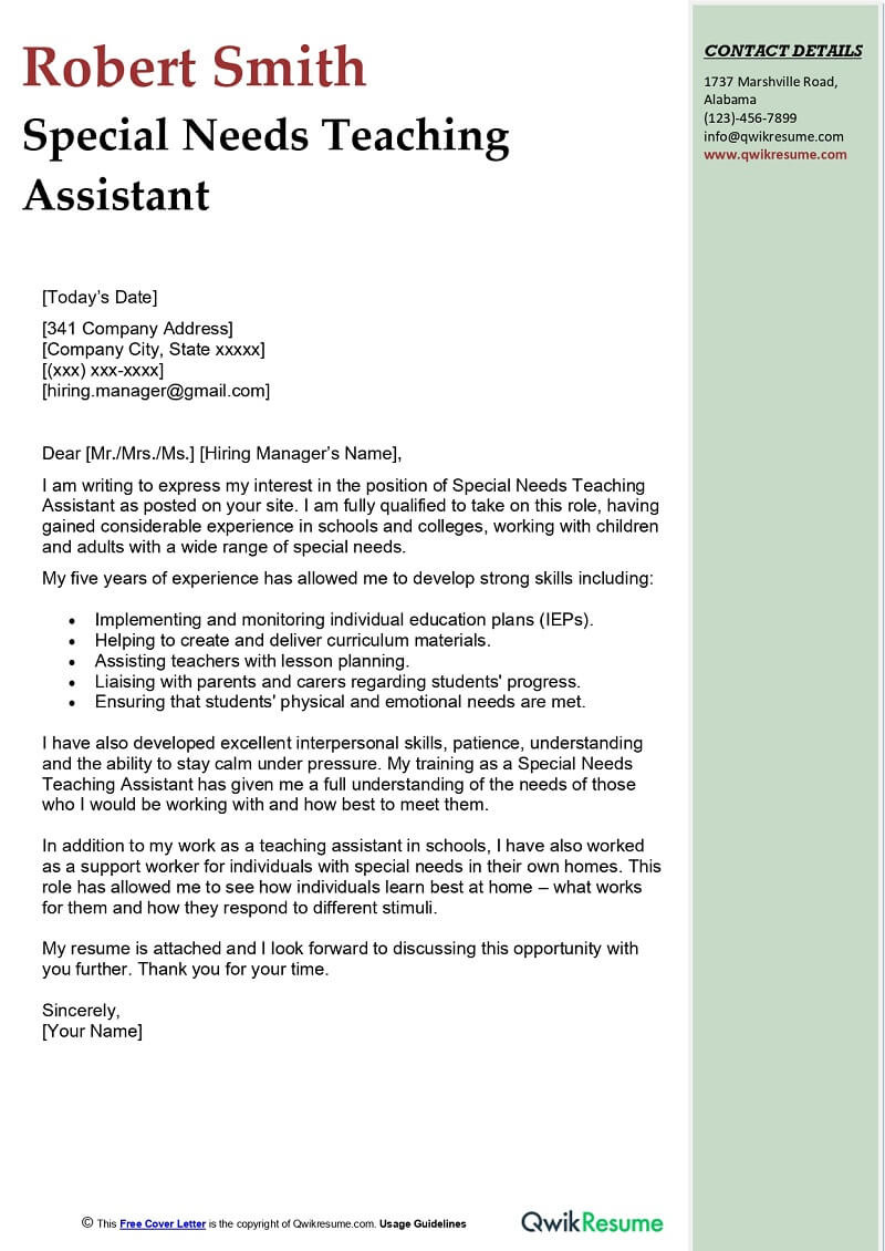 Cover Letter Sample for School Aide Resume Special Needs Teaching assistant Cover Letter Examples – Qwikresume
