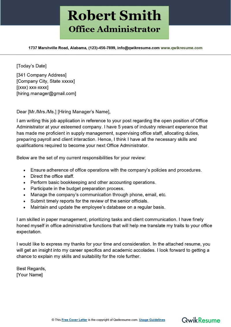 Cover Letter Sample with attached Resume Office Administrator Cover Letter Examples – Qwikresume
