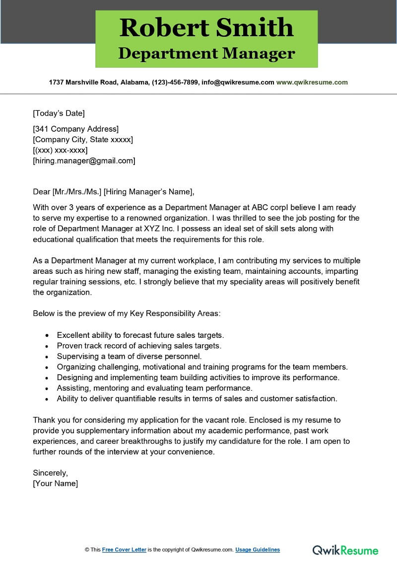 Cover Letter Samples for Resume area Manager Role Department Manager Cover Letter Examples – Qwikresume