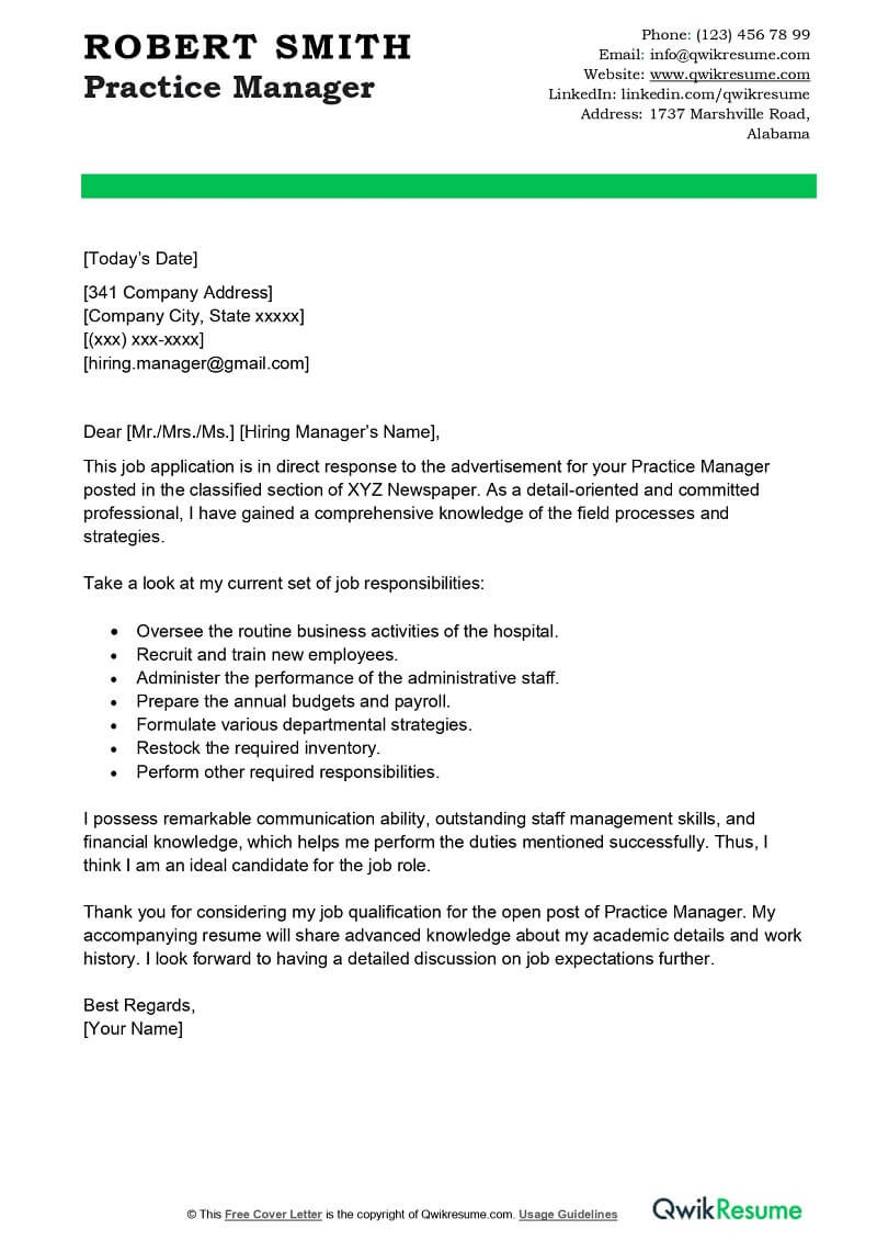 Cover Letter Samples for Resume area Manager Role Practice Manager Cover Letter Examples – Qwikresume