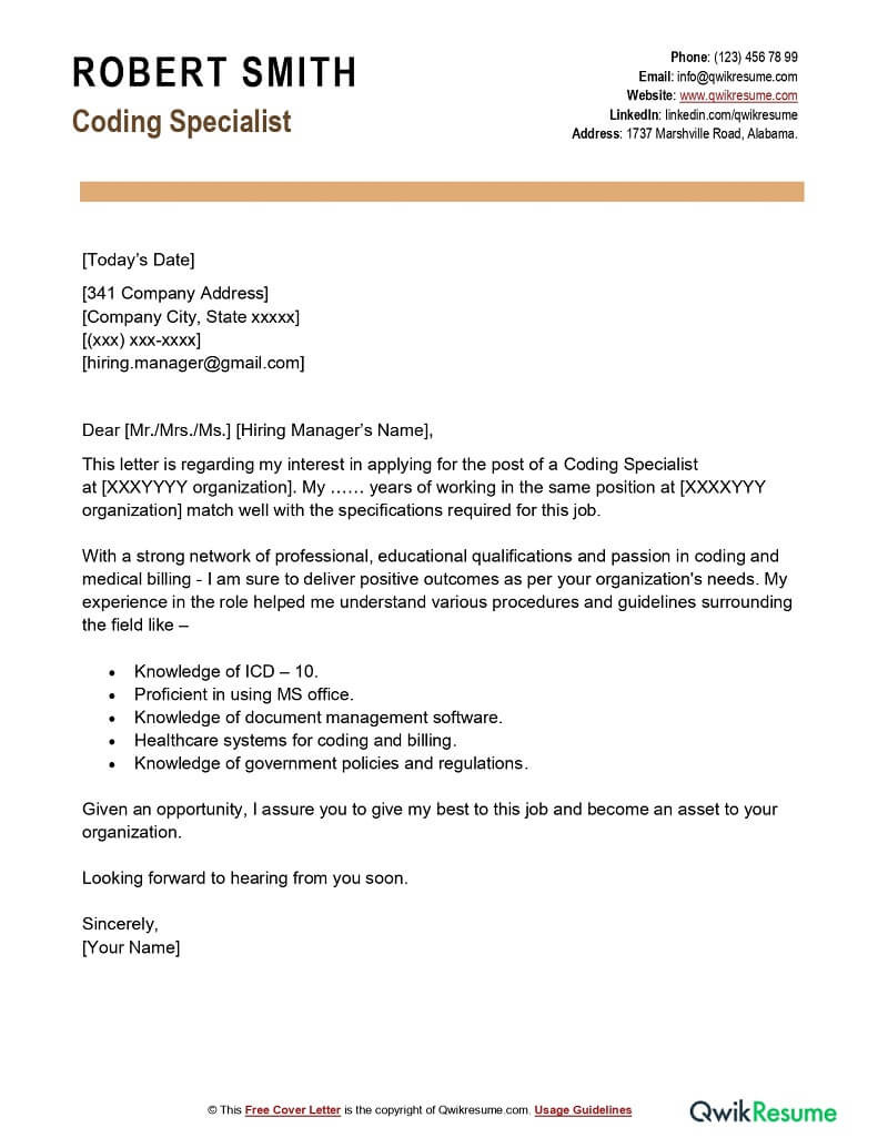 Cover Letter Samples for Resume Medical Coder Coding Specialist Cover Letter Examples – Qwikresume