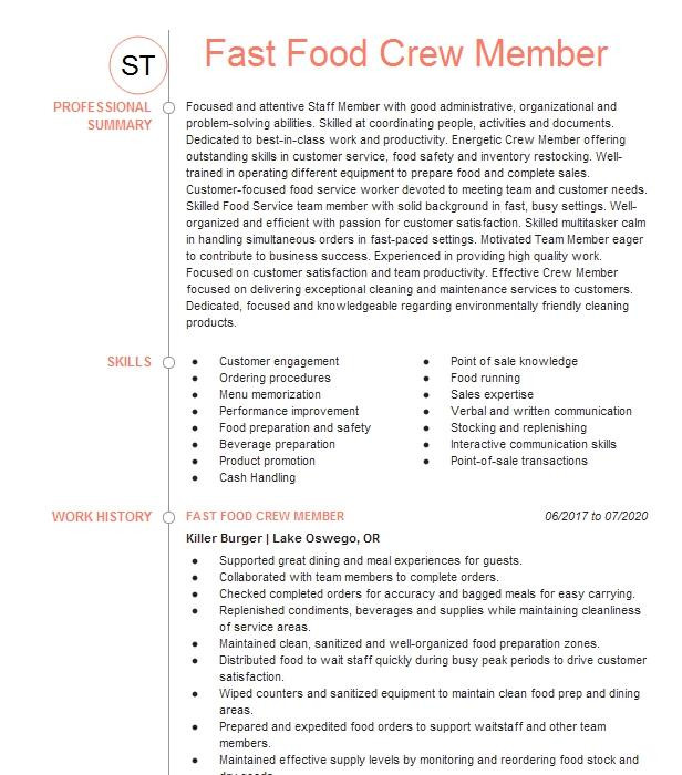 Fast Food Crew Member Resume Sample Fast Food Crew Trainer Manager Resume Example Dairy Queen
