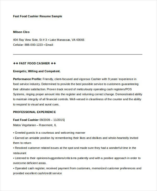 Fast Food Restaurant Cashier Resume Sample 6 Cashier Resume Templates Pdf Doc Fast Food Restaurant Cashier Resume Sample 6 Cashier Resume Templates Pdf Doc