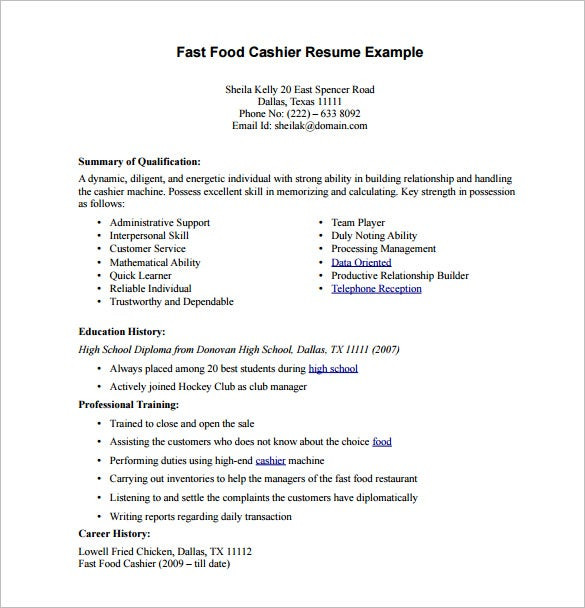 Fast Food Restaurant Cashier Resume Sample Cashier Resume Template 9 Free Word Excel Pdf Psd