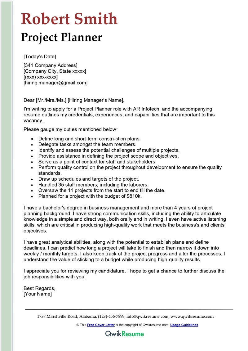 Finished Sample Cover Letter for Resume Project Planner Cover Letter Examples – Qwikresume