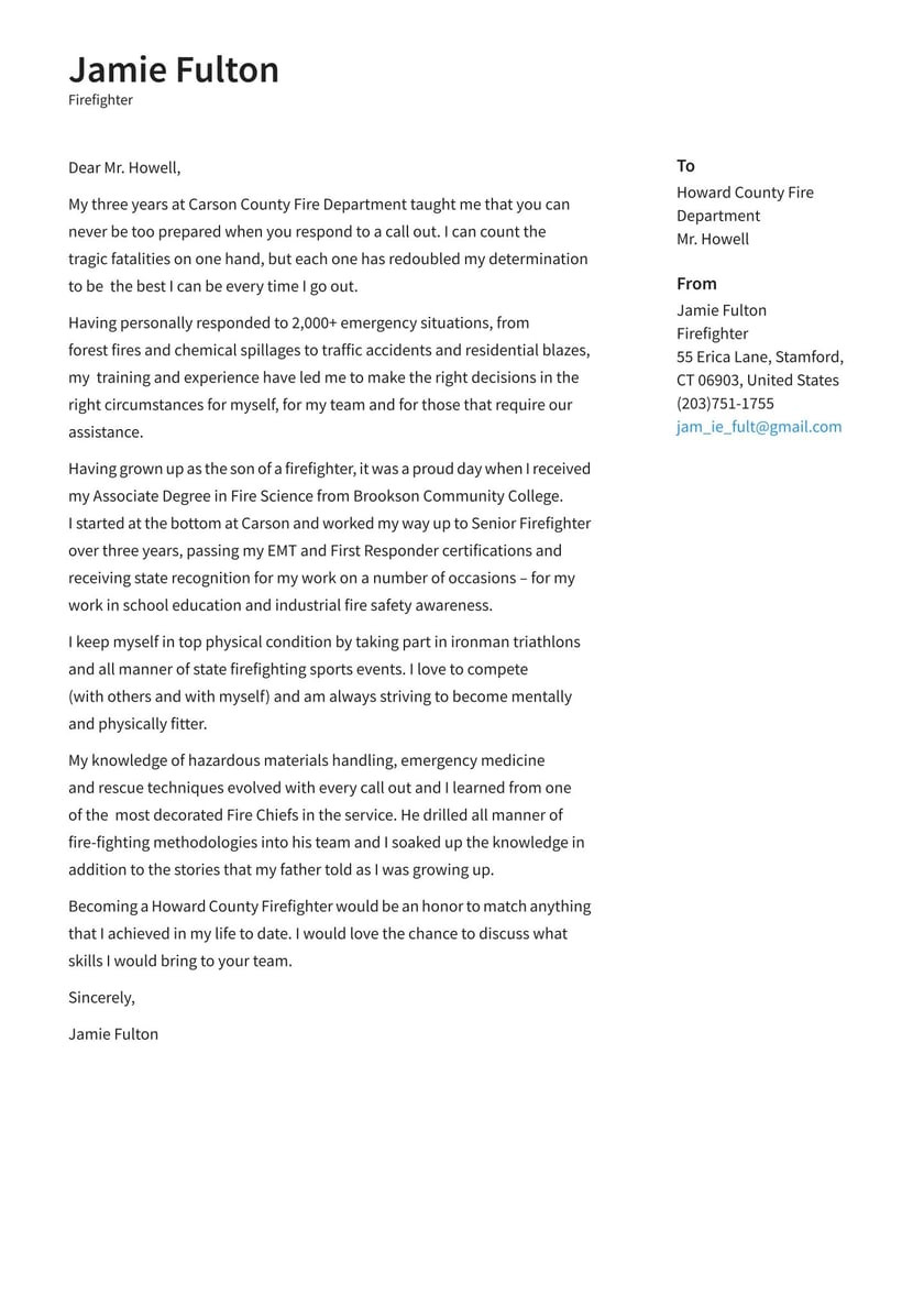 Fire Chief Resume Cover Letter Samples Firefighter Cover Letter Examples & Expert Tips [free] Â· Resume.io