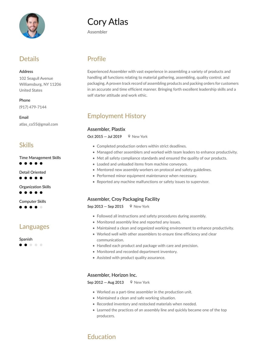Free Sample Resume for assembly Line Worker assembler Resume Example & Writing Guide Â· Resume.io
